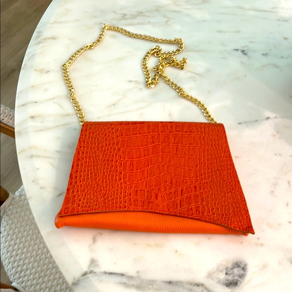 Orange Crocodile-Embossed Leather Chain Bag